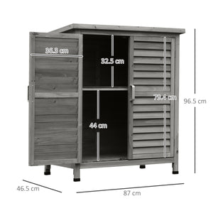 Outsunny Garden Shed Wooden Garden Storage Shed Shutter Panel 2 Door Unit Solid Fir Wood Garage Tool Organisation Cabinet, 87L x 46.5W x 96.5Hcm, Grey, Natural Wood