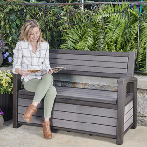 Keter Hudson Duotech Garden Bench Storage Box Wood Effect 227L Grey - Clara Shade Sails - Keter - 