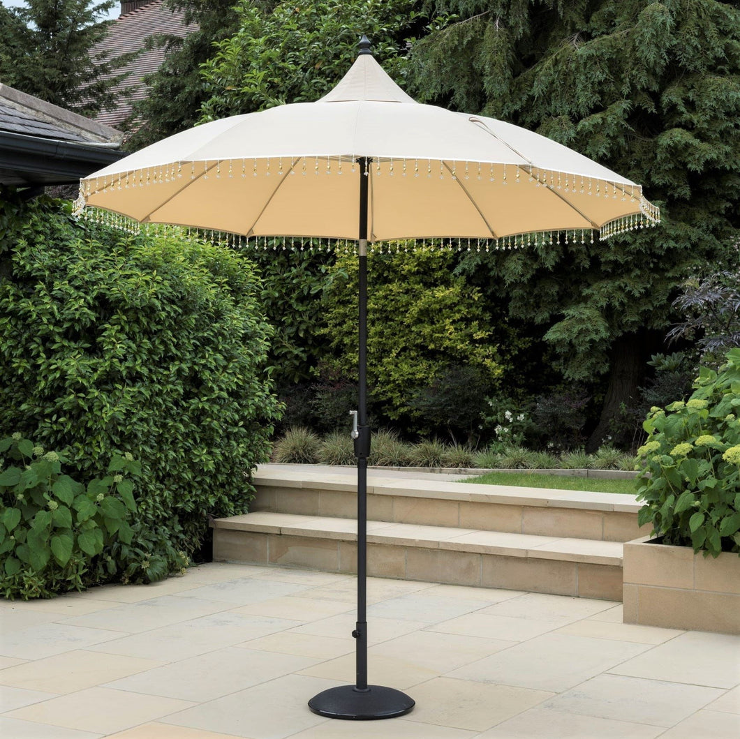 Norfolk Leisure Carrousel Beaded Garden Parasol Umbrella - Fringe Tassels 2.7m Crank Handle and Tilt - Cream or Grey - Outdoor Patio - Clara Shade Sails - Norfolk Leisure - Cream - 