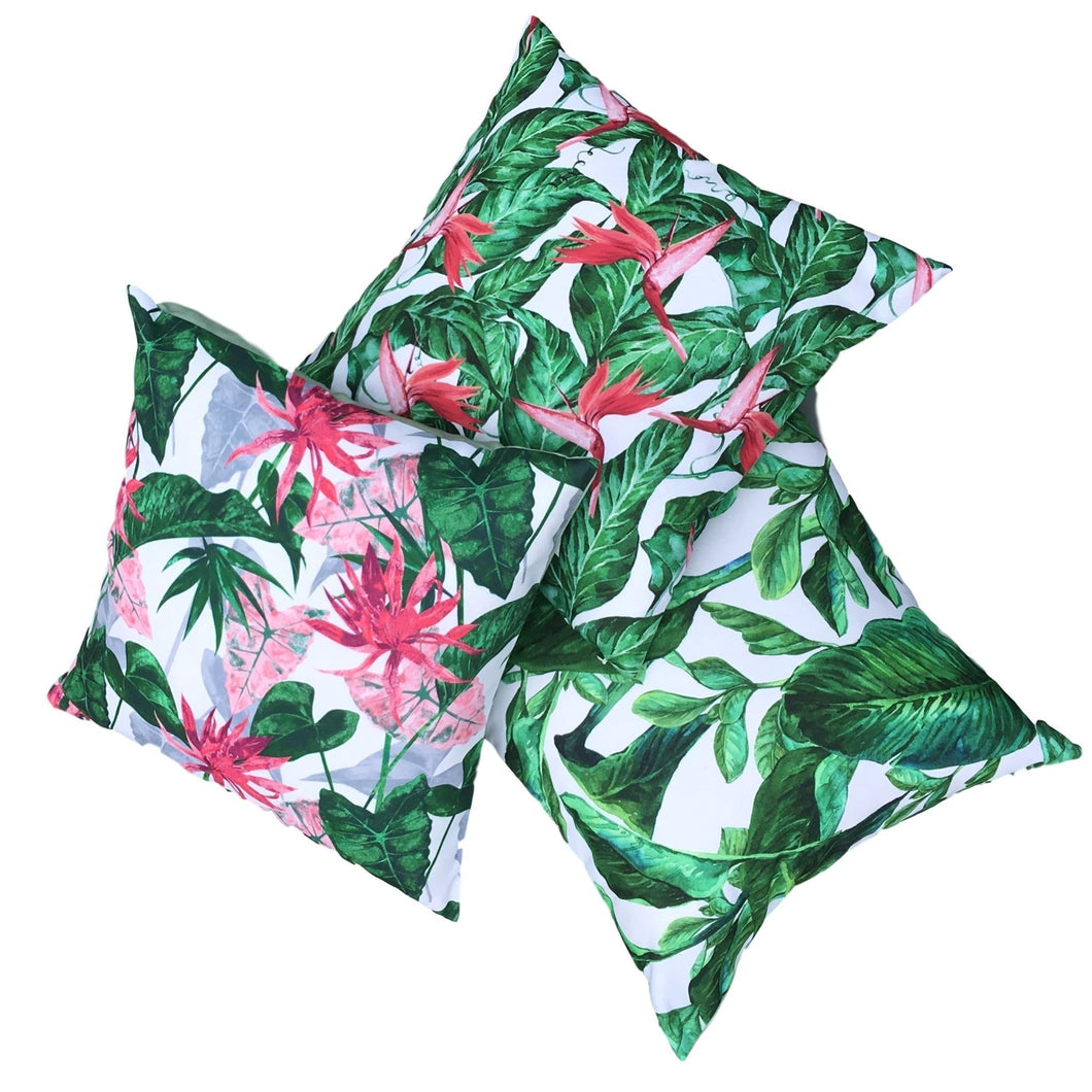 Set of 3 Tropical Water Resistant Garden Cushion Covers Scatter Pillow Cover Jungle Leaf Pink Flower Rainforest - Clara Shade Sails - Clara Shade Sails - -